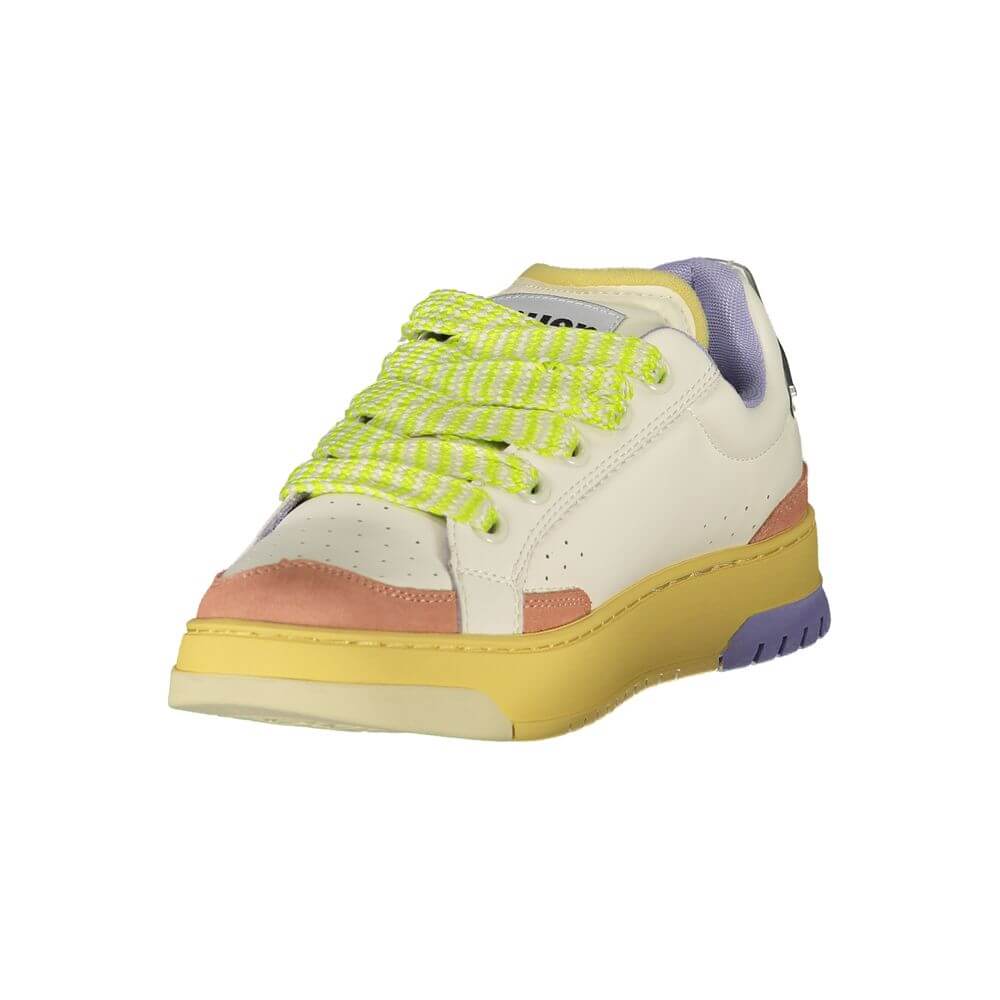 Blauer White Leather Women Sneaker with cream, pink, and wisteria details, featuring vibrant laces and iconic Blauer logo.