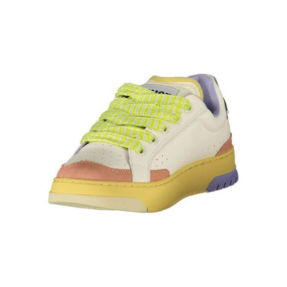 Blauer White Leather Women Sneaker with cream, pink, and wisteria details, featuring vibrant laces and iconic Blauer logo.