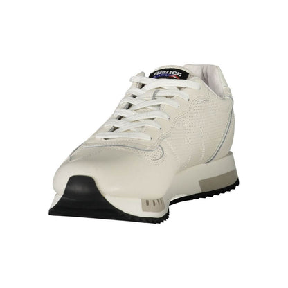 Blauer White Leather Men Sneaker with removable insole and contrasting details on a crisp white palette, featuring the iconic Blauer logo.