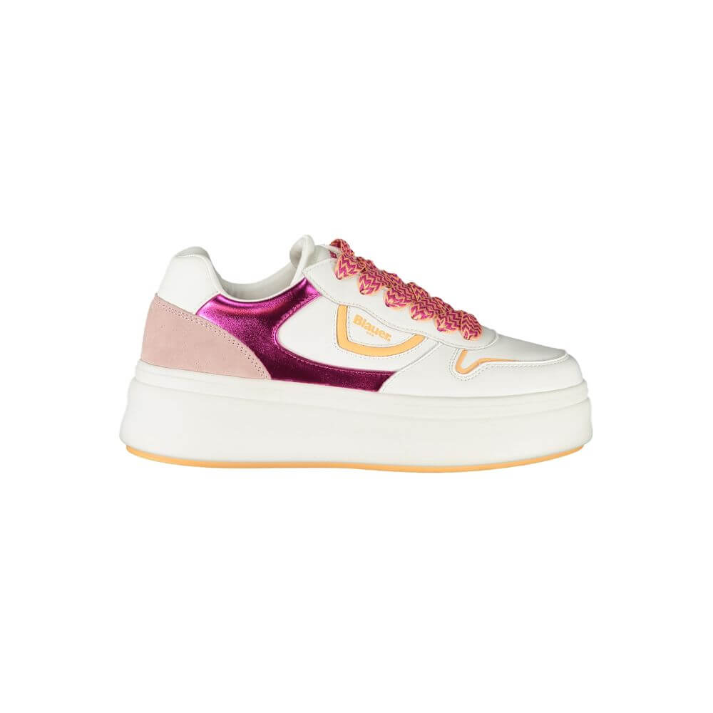 Blauer White Leather Women Sneaker with fuchsia accents and contrasting laces.