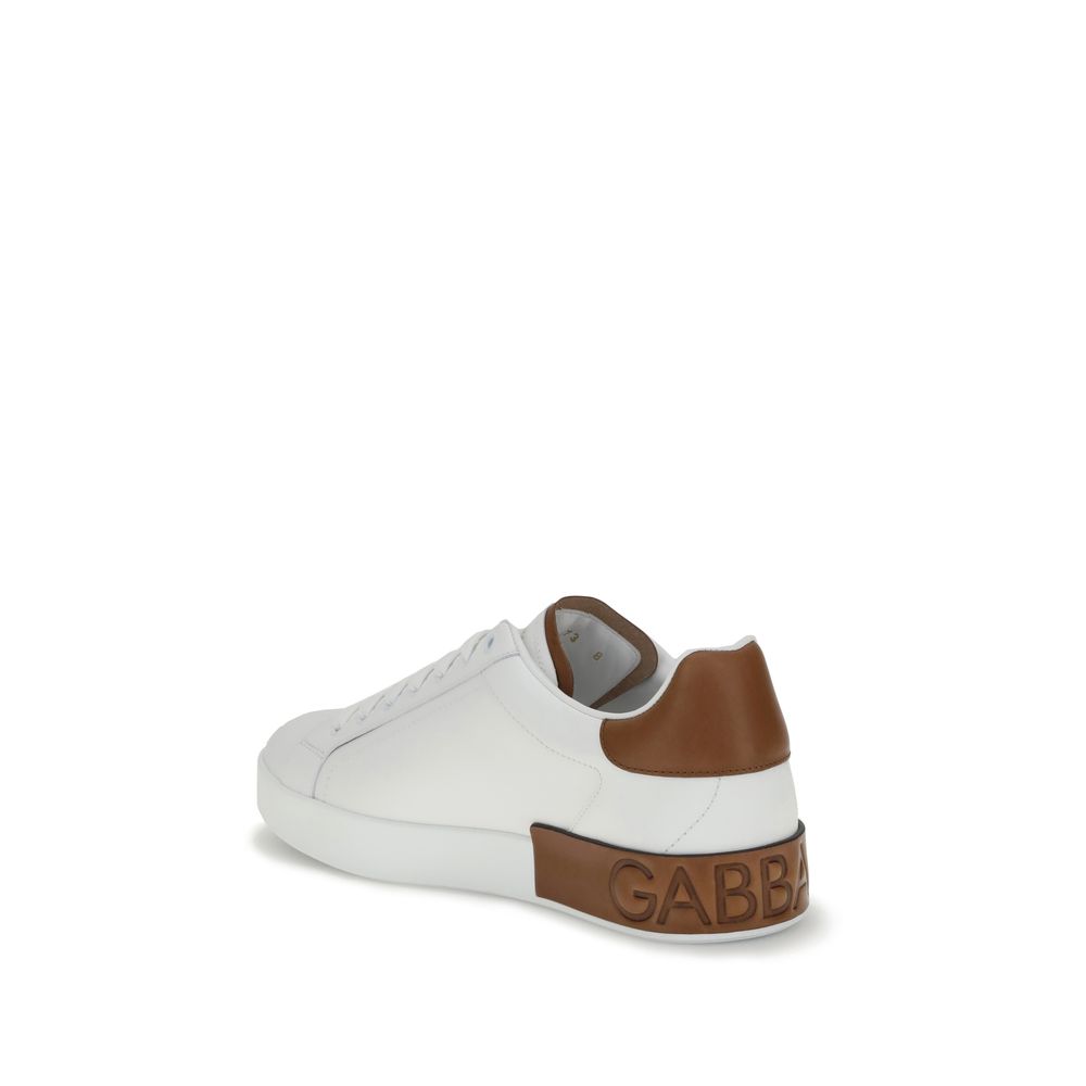 Dolce & Gabbana White Calf Leather Bos Taurus Low Top Sneakers with brown heel detail