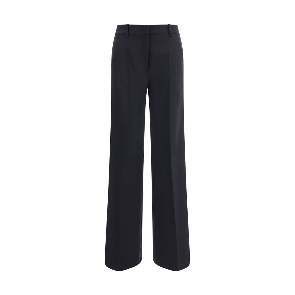 P.A.R.O.S.H. Black Fleece Wool Casual Pants with silk sideband, front zipper, hook-and-eye closure, and wide leg for women.
