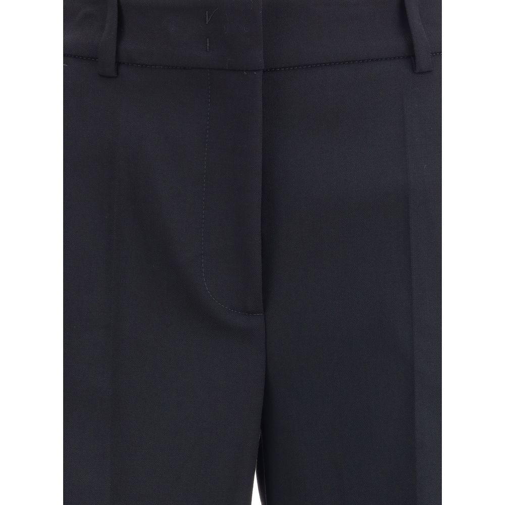 P.A.R.O.S.H. Black Fleece Wool Casual Pants with silk sideband and front zipper, showcasing elegant design and wide leg for sophistication.