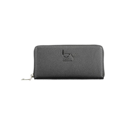BYBLOS Black Polyethylene Wallet with zip closure, logo, 5 compartments, coin purse, and card spaces. Stylish design with contrasting details.