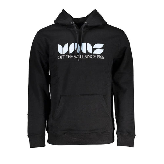 Vans Black Cotton Sweater with hood and logo print, long-sleeved sweatshirt featuring central pocket for stylish comfort.