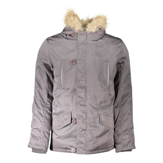2 Special Gray Polyester Jackets & Coat with hood, padded with real down, multiple pockets, buttons, and zip closure