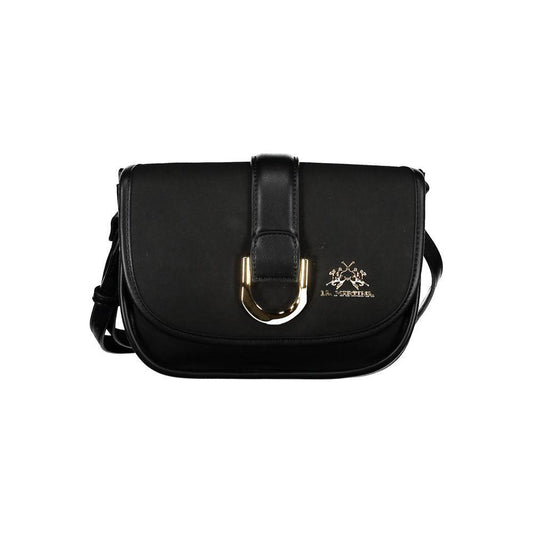 La Martina Black Polyethylene Handbag with adjustable shoulder strap, external pocket, contrasting details, and logo.