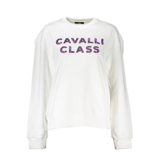 Cavalli Class White Cotton Sweater, long-sleeved, round neck with logo print, stylish and comfortable for any casual occasion.