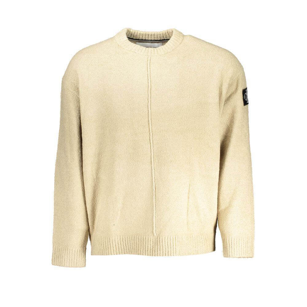 Calvin Klein Beige Cotton Sweater with long sleeves, crew neck, contrast details, and logo application.