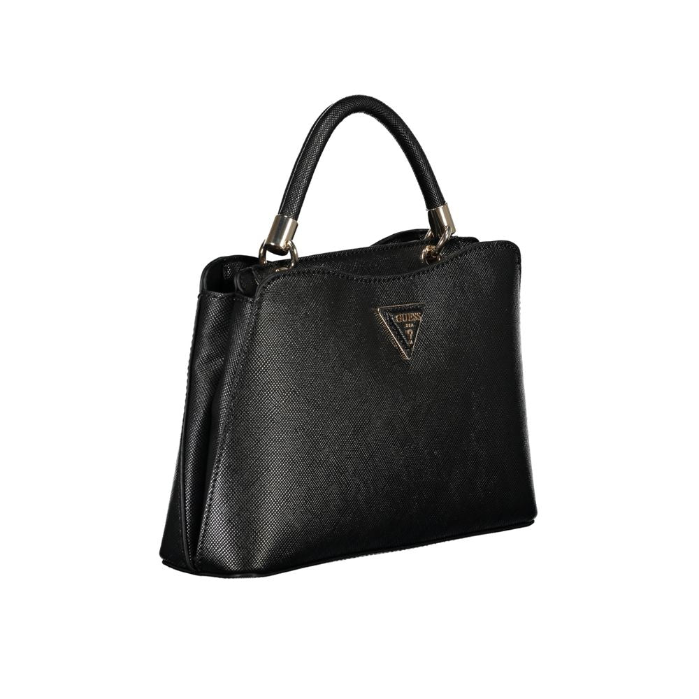 Guess Jeans Black Polyethylene Handbag with handle, adjustable strap, and protective feet, featuring logo and zip closure.