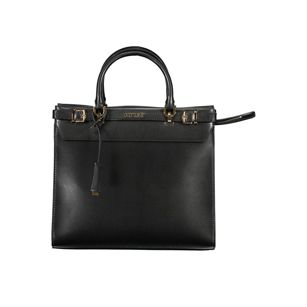 Guess Jeans Black Polyethylene Handbag with multiple pockets, adjustable strap, and protective feet for versatile use.