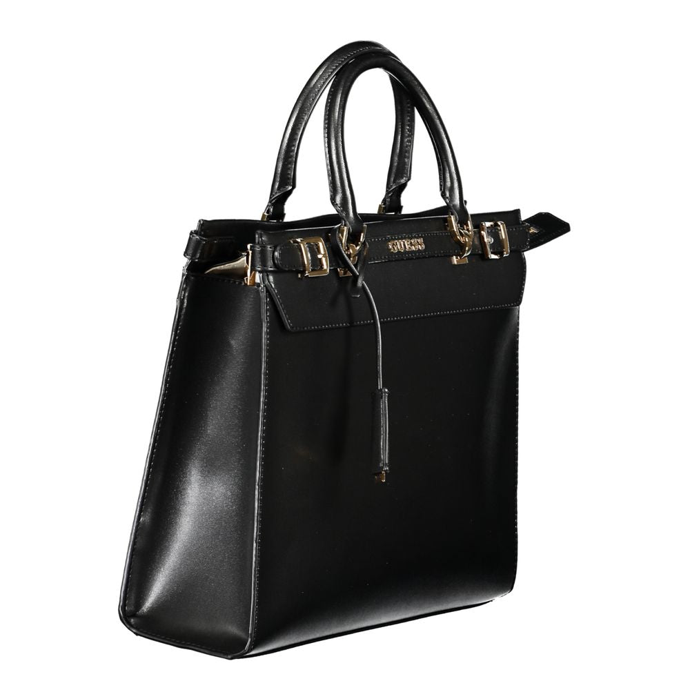 Guess Jeans Black Polyethylene Handbag with logo, handles, adjustable strap, external pocket, phone holder, zip closure, and protective feet.