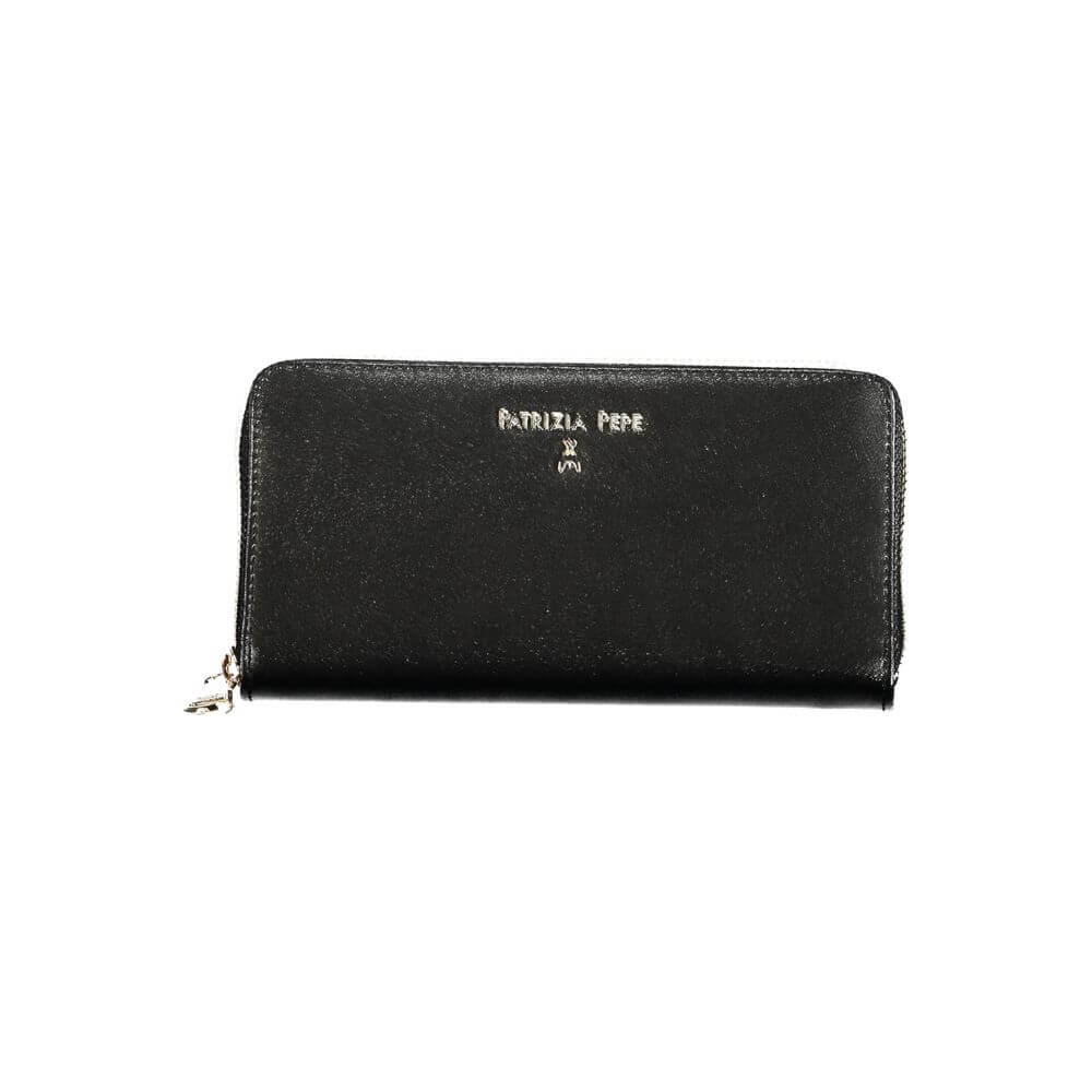 Patrizia Pepe Black Leather Wallet with logo, zip closure, compartments, card slots, and coin purse.