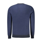 Hugo Boss Blue Cotton Sweater, long-sleeved crew neck with contrasting logo details. Perfect for stylish comfort.