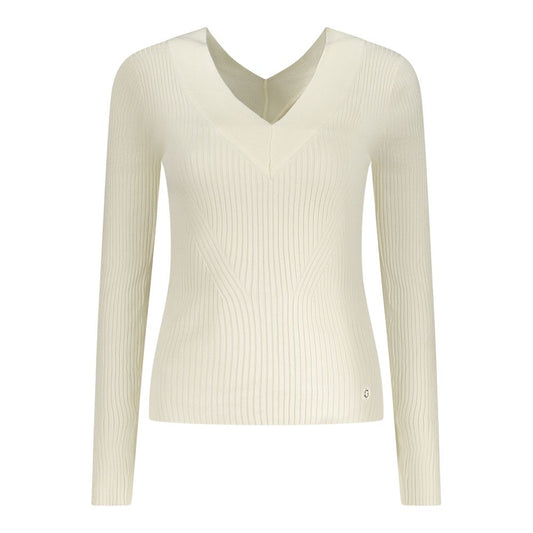Guess Jeans White Viscose Sweater with long sleeves, V-neck, contrasting details, and logo detail.