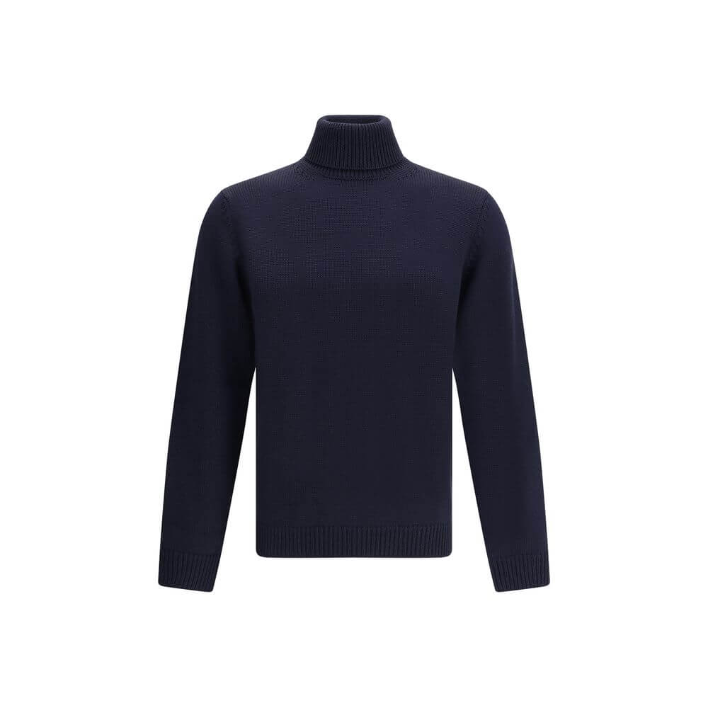 Roberto Collina Blue Merino Wool Turtleneck with ribbed collar, hem, and cuffs. Made in Italy, AW25 season, 100% Merino wool.
