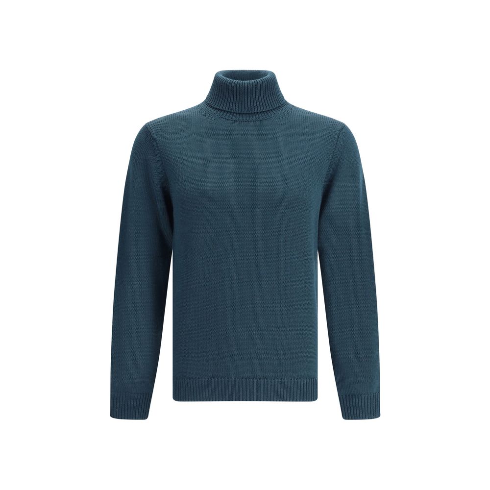 Roberto Collina Green Merino Wool Turtleneck with ribbed collar, hem, and cuffs, offering a comfortable fit and elegant aesthetics.