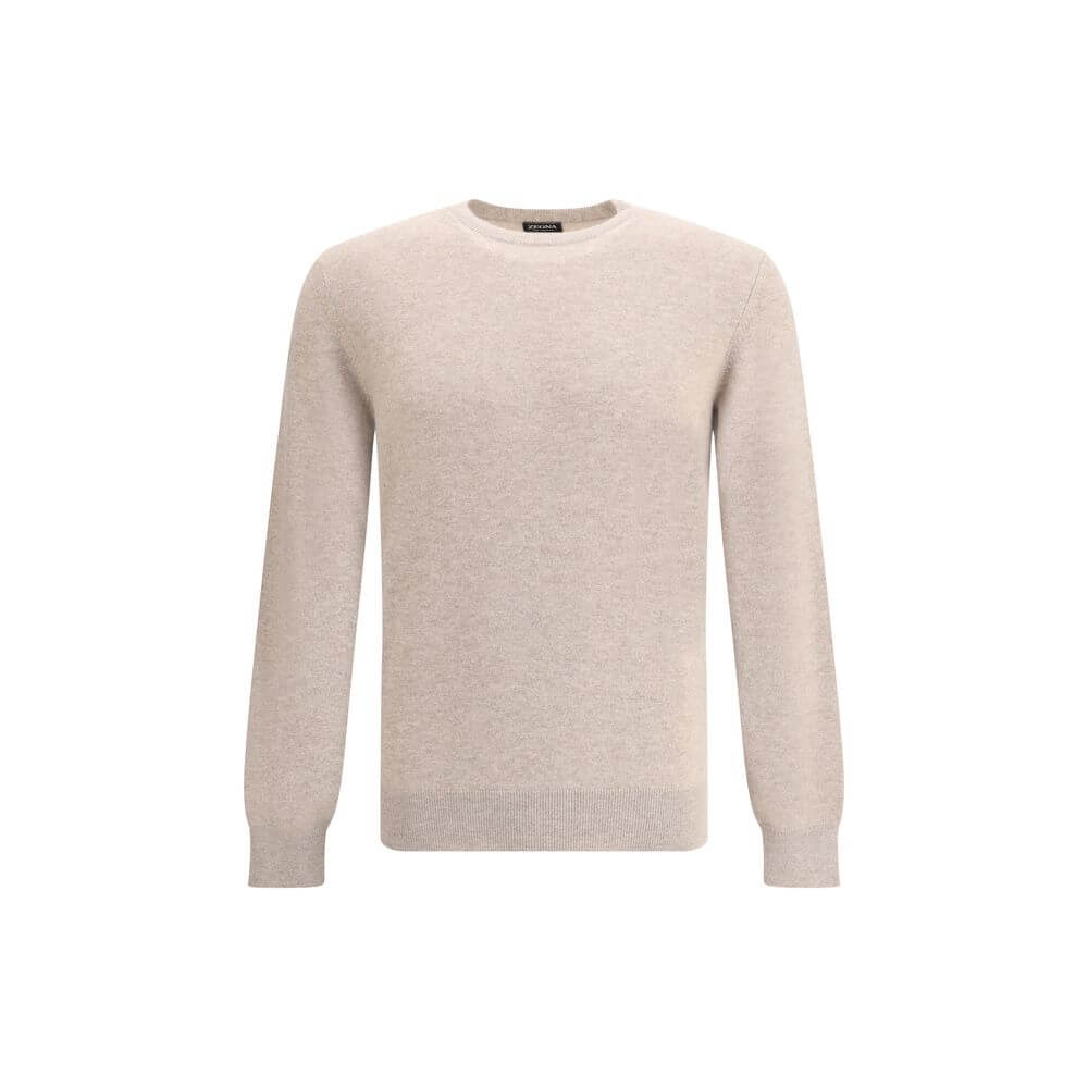 ZEGNA Beige Cashmere Cashmere Sweater in fine yarn, ribbed crew neck, cuffs, hem, luxury fashion, AW25 season, made in Italy.