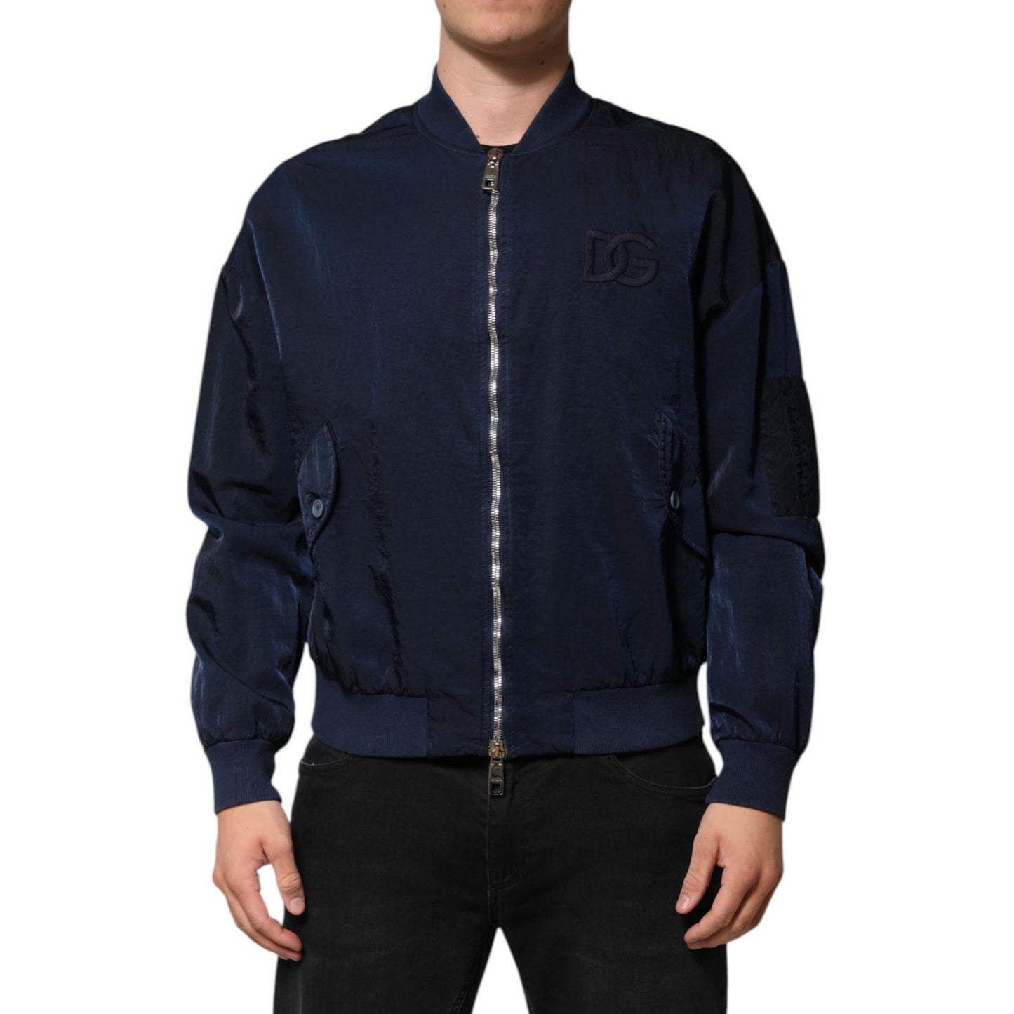 Dolce & Gabbana Blue Nylon DG Embroidery Men Bomber Jacket