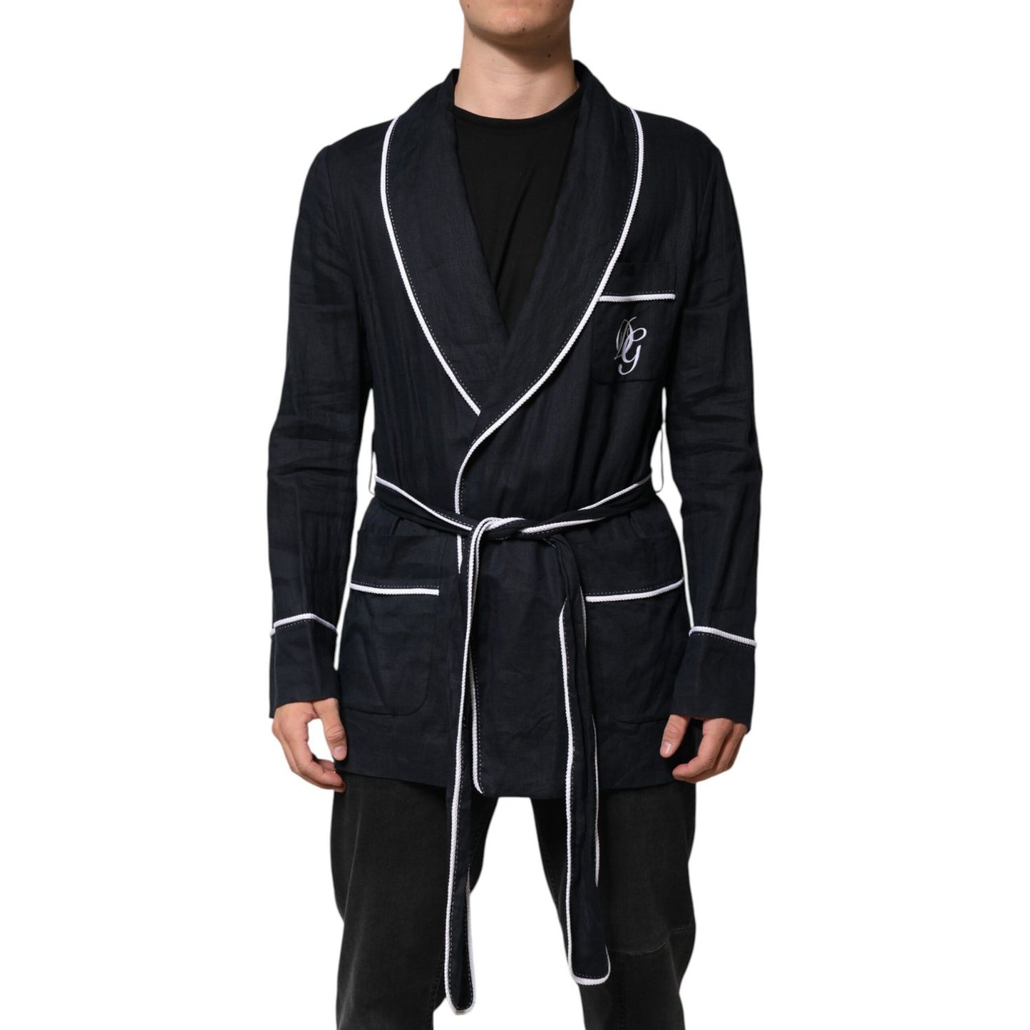 Dolce & Gabbana Dark Blue DG Embroidery Jacket Robe Blazer