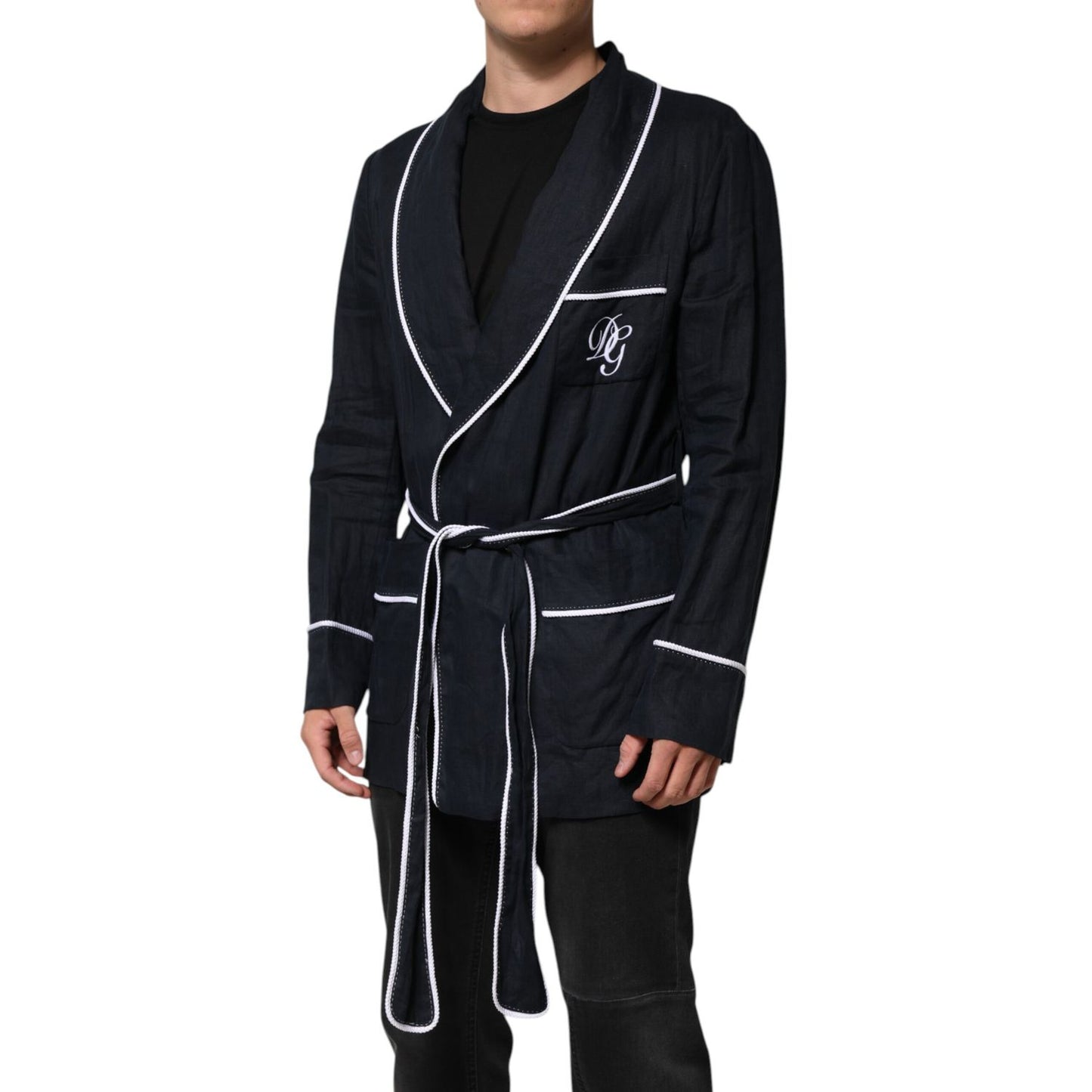 Dolce & Gabbana Dark Blue DG Embroidery Jacket Robe Blazer