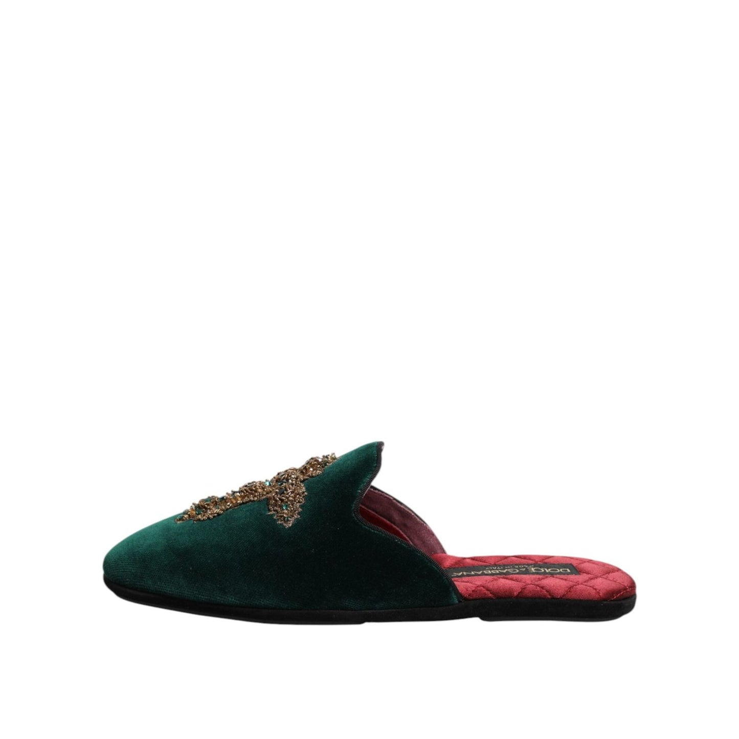 Dolce & Gabbana Green Velvet Cross Embellished Slippers Shoes