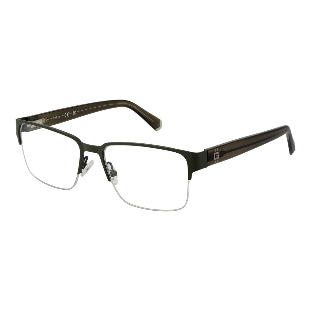 Guess Green Men Glasses Frame with half-rim rectangle style, metal frame, demo lenses, and spring hinge. Includes branded case.