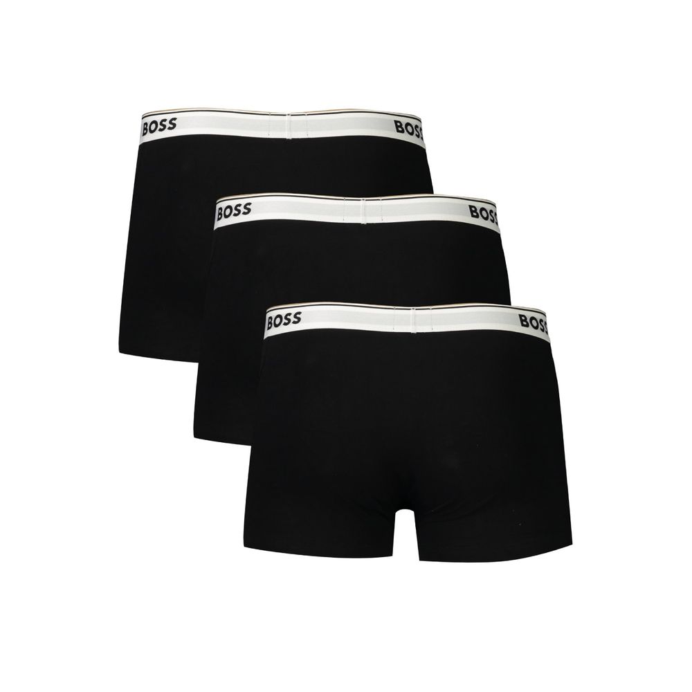 Hugo Boss Black Cotton Men Boxer Short triple-pack with elastic waistband and logo, showcasing sleek black style and comfort.