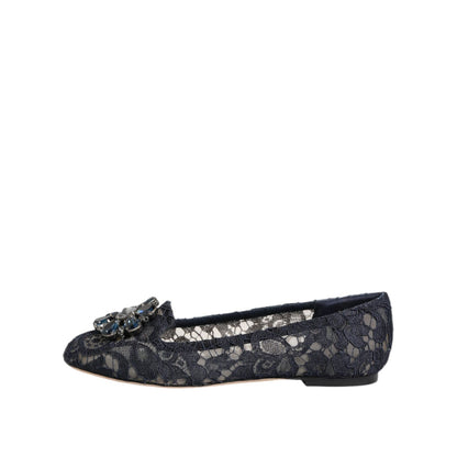 Dolce & Gabbana Blue Taormina Lace Crystals Flats Shoes