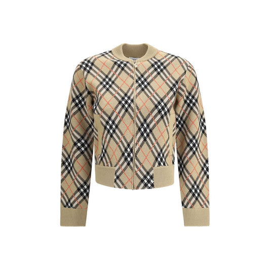 Alt Tag: Burberry Beige Wool Cardigan with check pattern, front zipper, ribbed collar, hem and cuffs, side welt pockets, autumn fashion.