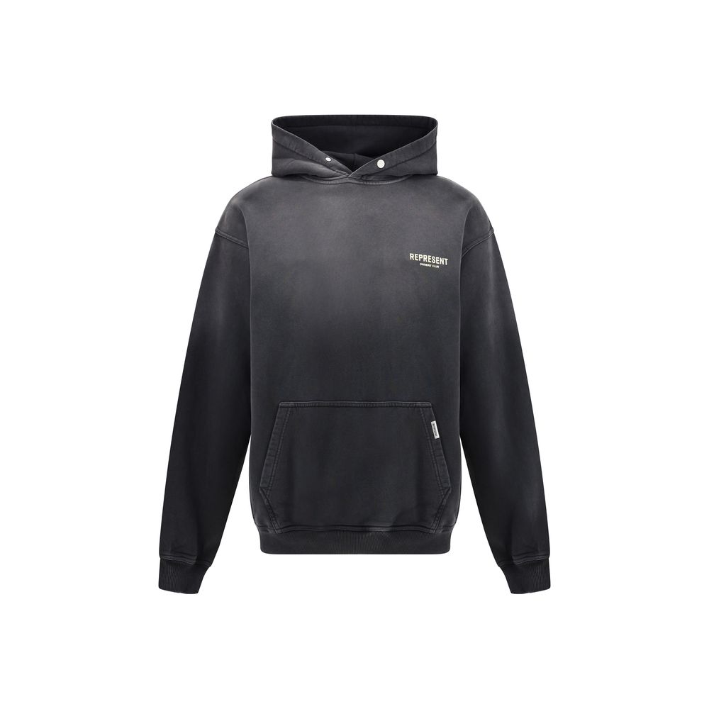 Represent Black Cotton Sweatshirt with button-down hood, ribbed cuffs, and kangaroo pocket featuring brand's monogram for streetwear style.