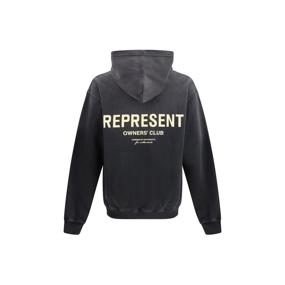 Back view of Represent Black Cotton Sweatshirt with Owners Club print, featuring adjustable hood, ribbed cuffs, and kangaroo pocket.