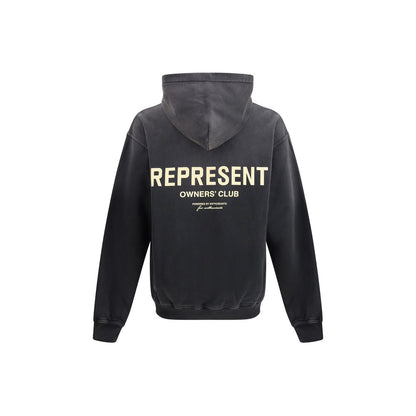 Back view of Represent Black Cotton Sweatshirt with Owners Club print, featuring adjustable hood, ribbed cuffs, and kangaroo pocket.