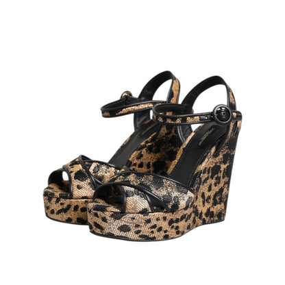 Dolce & Gabbana Brown Leopard Wedges Ankle Strap Sandals Shoes