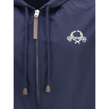 Moschino Blue Polyester Shell Jacket with hood and zipper, featuring stitched logo on front. Stylish waterproof design for urban wear.