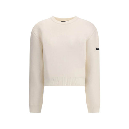 Balenciaga White Wool Sweatshirt featuring a crew neck, dropped shoulders, long sleeves, and a logo patch on the sleeve.