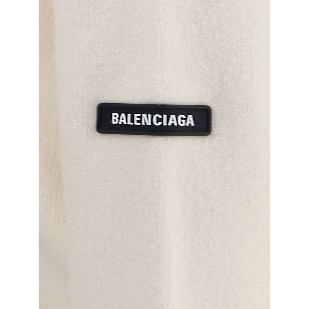 Balenciaga White Wool Sweatshirt with logo patch close-up.