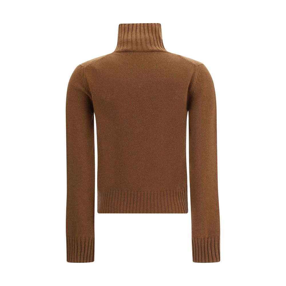 Ami Paris Brown Cashmere Cashmere Sweater with ribbed turtleneck, cuffs, and hem, showcasing the Ami De Coeur logo for winter elegance.