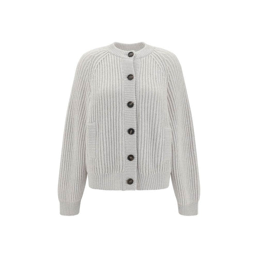 Brunello Cucinelli White Cashmere Cardigan with raglan sleeves, contrasting buttons, and ribbed weave, showcasing elegance and comfort.