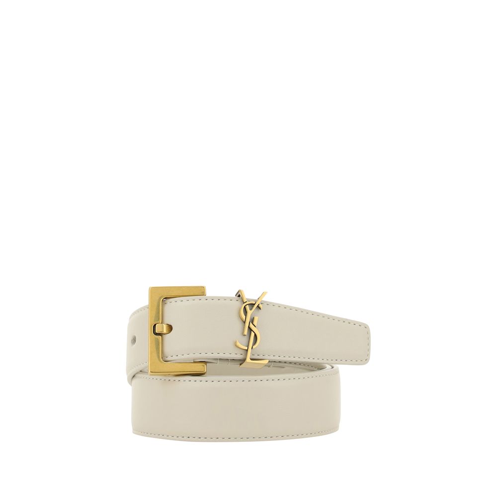 Saint Laurent Belt calfskin with brass-plated logo plaque, 2.5 cm thick, luxury Italian design, Autumn-Winter 25 collection.