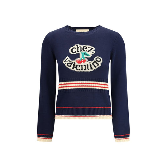 Valentino Blue Cotton Sweatshirt with Cherryfic embroidery, ribbed crew neck, cuffs and hem, made in Italy, pure cotton, AW25 collection.