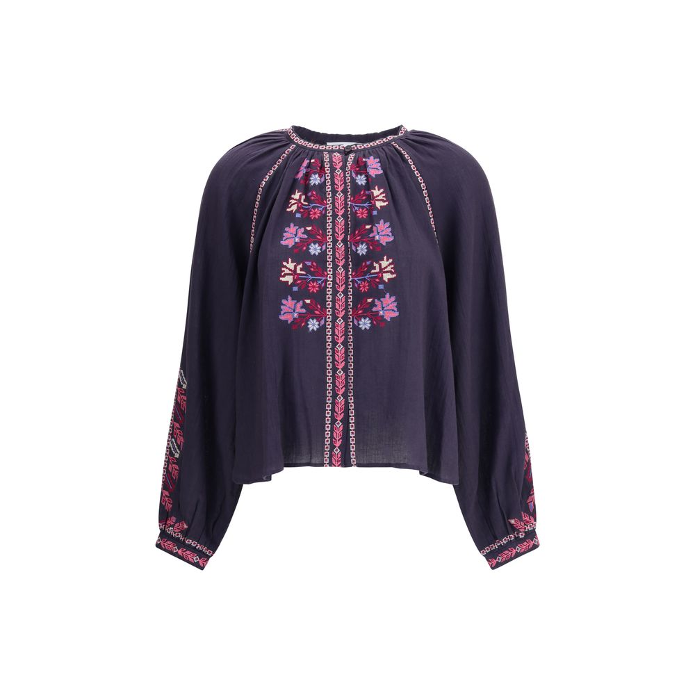 Marant Etoile Blue Cotton Blouse with cross-stitch embroidery and raglan sleeves for a boho-chic look.