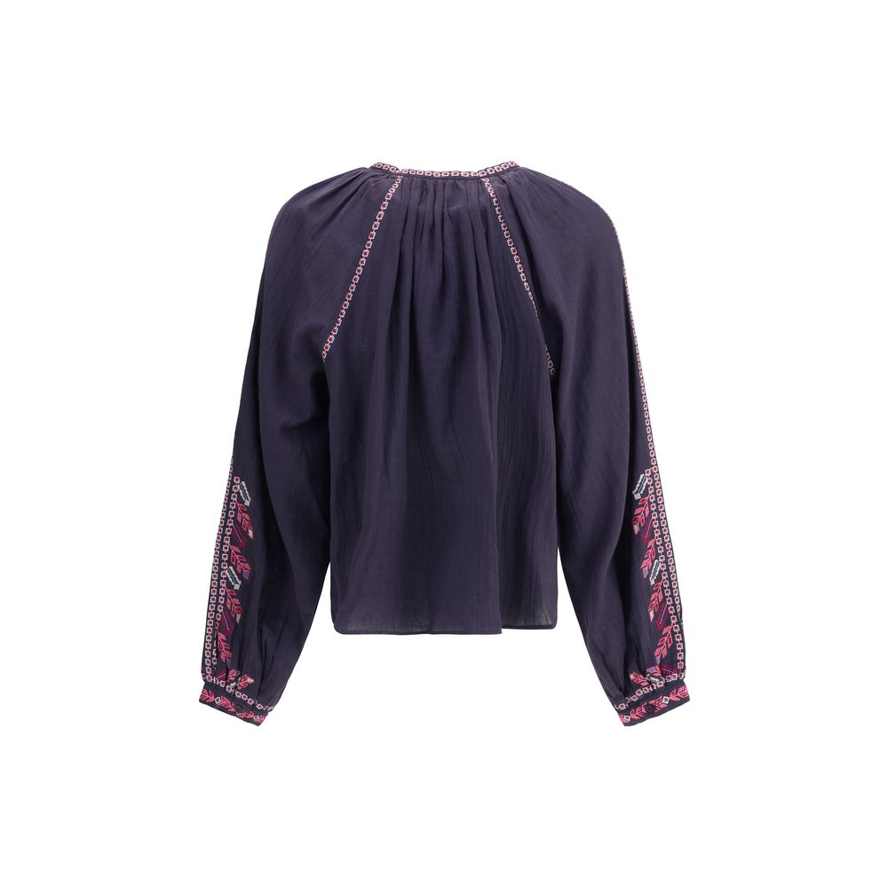 Marant Etoile Blue Cotton Blouse with raglan sleeves and embroidery