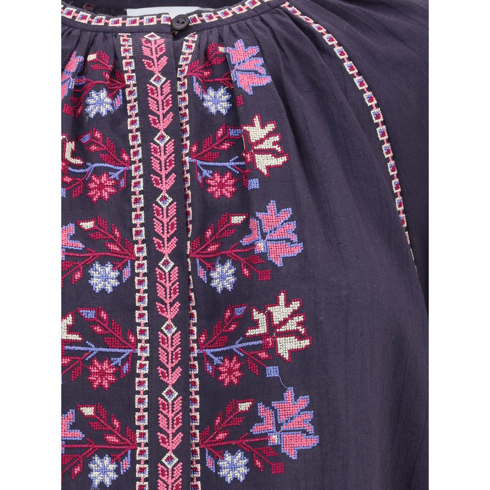 Marant Etoile Blue Cotton Blouse with cross-stitch embroidery and concealed button closure, featuring raglan sleeves and button-adjustable cuffs.