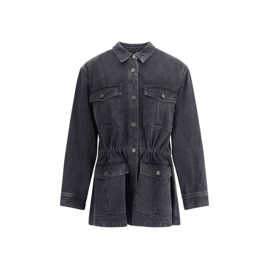 Marant Etoile Gray Cotton Denim Jacket with traditional collar and patch pockets, featuring front button closure and elasticated waistband.