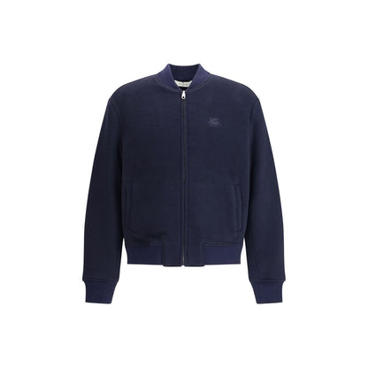 Etro Blue Wool Bomber with ribbed collar and cuffs, front zipper, side pockets, and embroidered Pegasus logo, showcasing contemporary style.