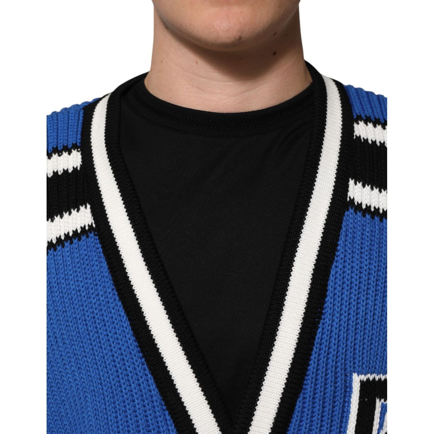 Dolce & Gabbana Blue Cotton Logo Patch Ribbed Knit Cardigan Sweater