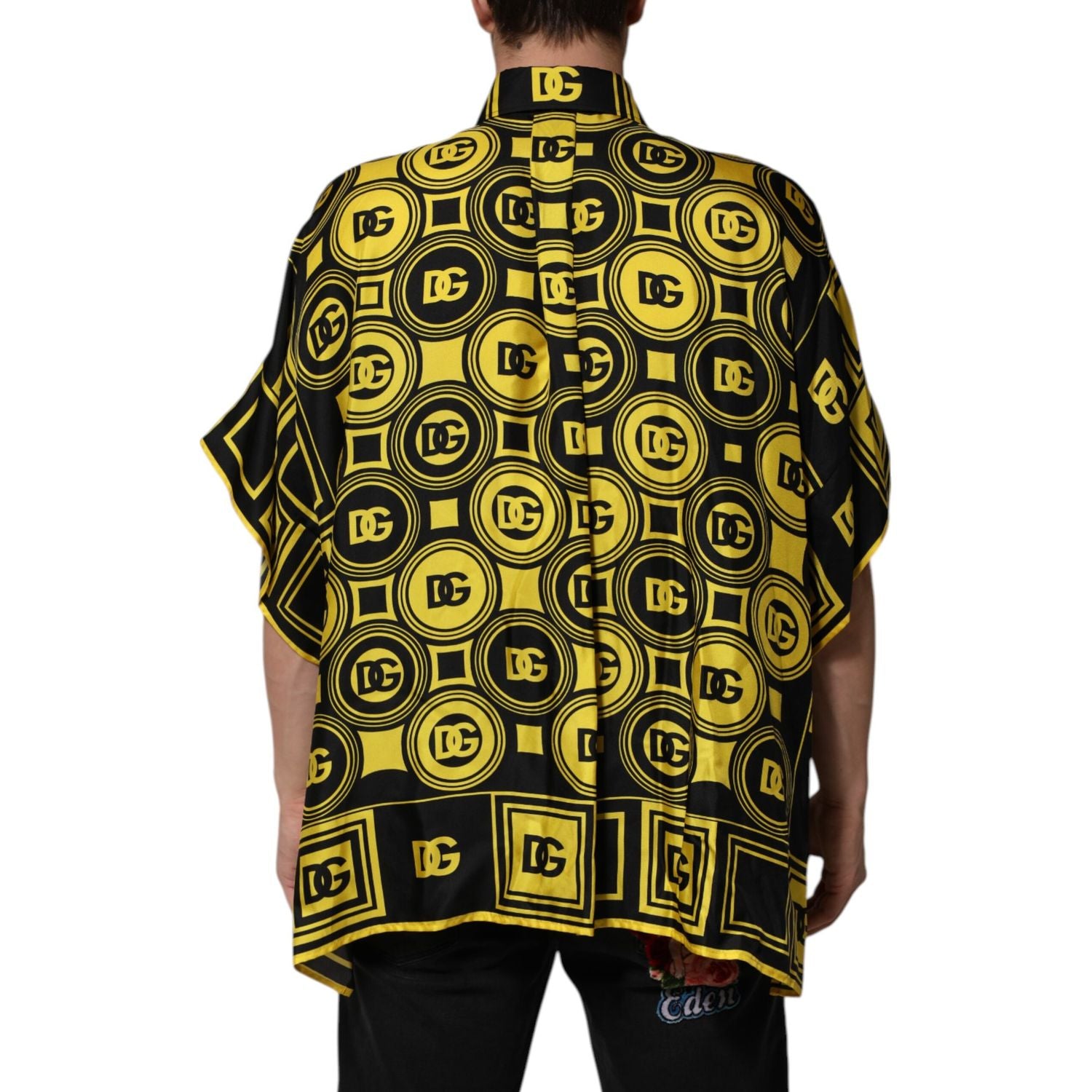 Dolce & Gabbana Yellow Silk Silver DG Logo Geometric T-shirt