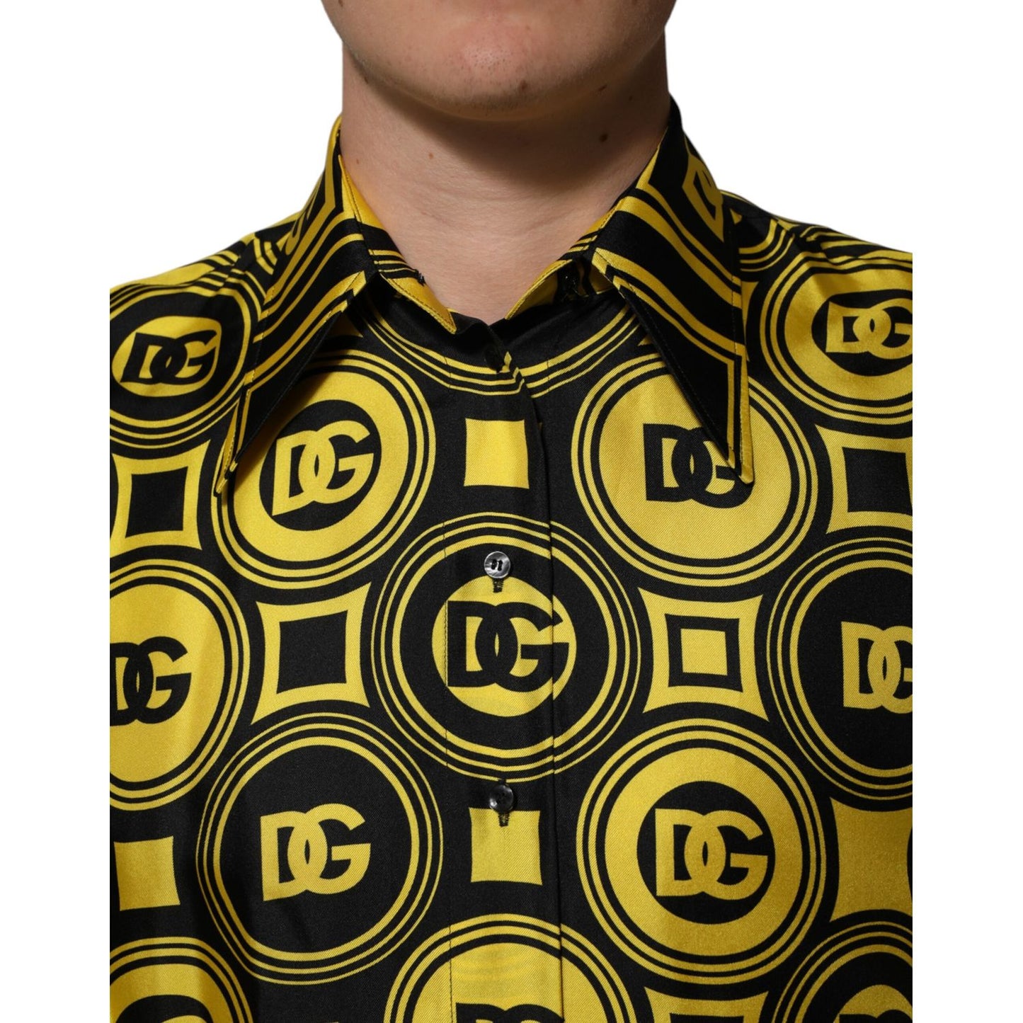 Dolce & Gabbana Yellow Silk Silver DG Logo Geometric T-shirt