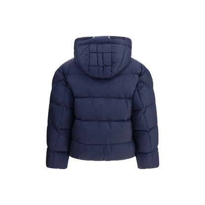 Back view of Parajumpers Blue Nylon Full-Length Jacket with hood and quilted design.